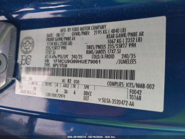 Photo 8 VIN: 1FMCU9G99HUE79061 - FORD ESCAPE 