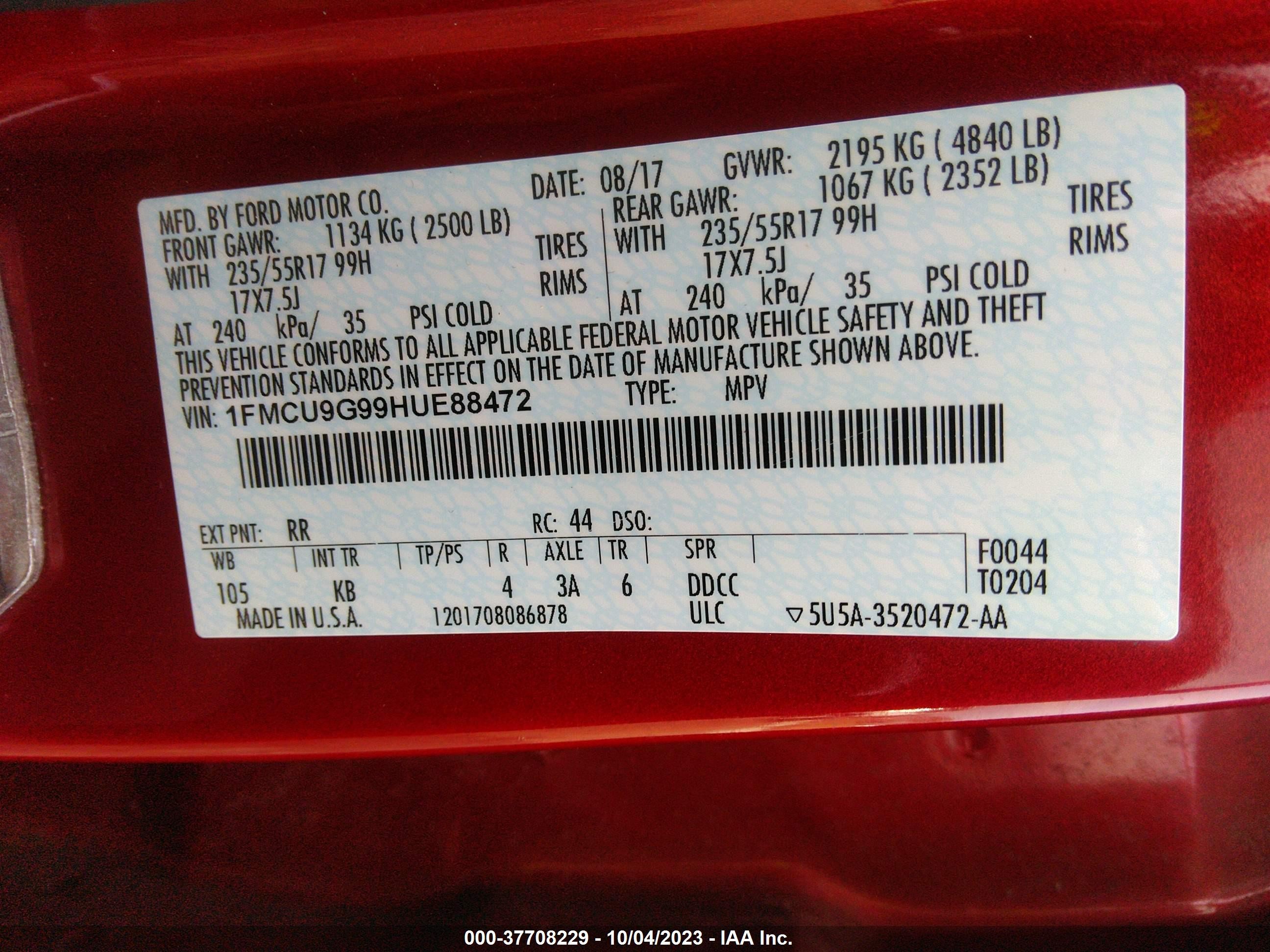 Photo 8 VIN: 1FMCU9G99HUE88472 - FORD ESCAPE 