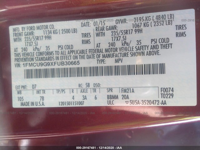 Photo 8 VIN: 1FMCU9G9XFUB30665 - FORD ESCAPE 