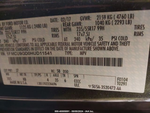 Photo 8 VIN: 1FMCU9GD0HUD11541 - FORD ESCAPE 