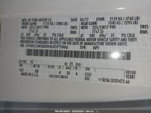 Photo 8 VIN: 1FMCU9GD0HUD77992 - FORD ESCAPE 