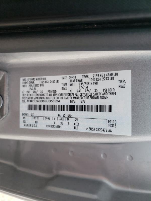 Photo 9 VIN: 1FMCU9GD0JUD50524 - FORD ESCAPE SE 