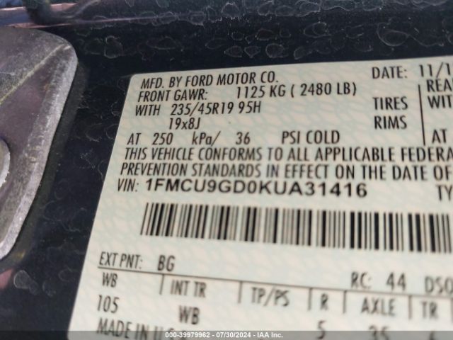 Photo 8 VIN: 1FMCU9GD0KUA31416 - FORD ESCAPE 