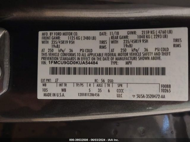 Photo 8 VIN: 1FMCU9GD0KUA54484 - FORD ESCAPE 