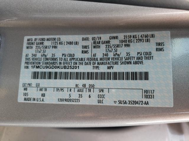 Photo 9 VIN: 1FMCU9GD0KUB25201 - FORD ESCAPE SE 