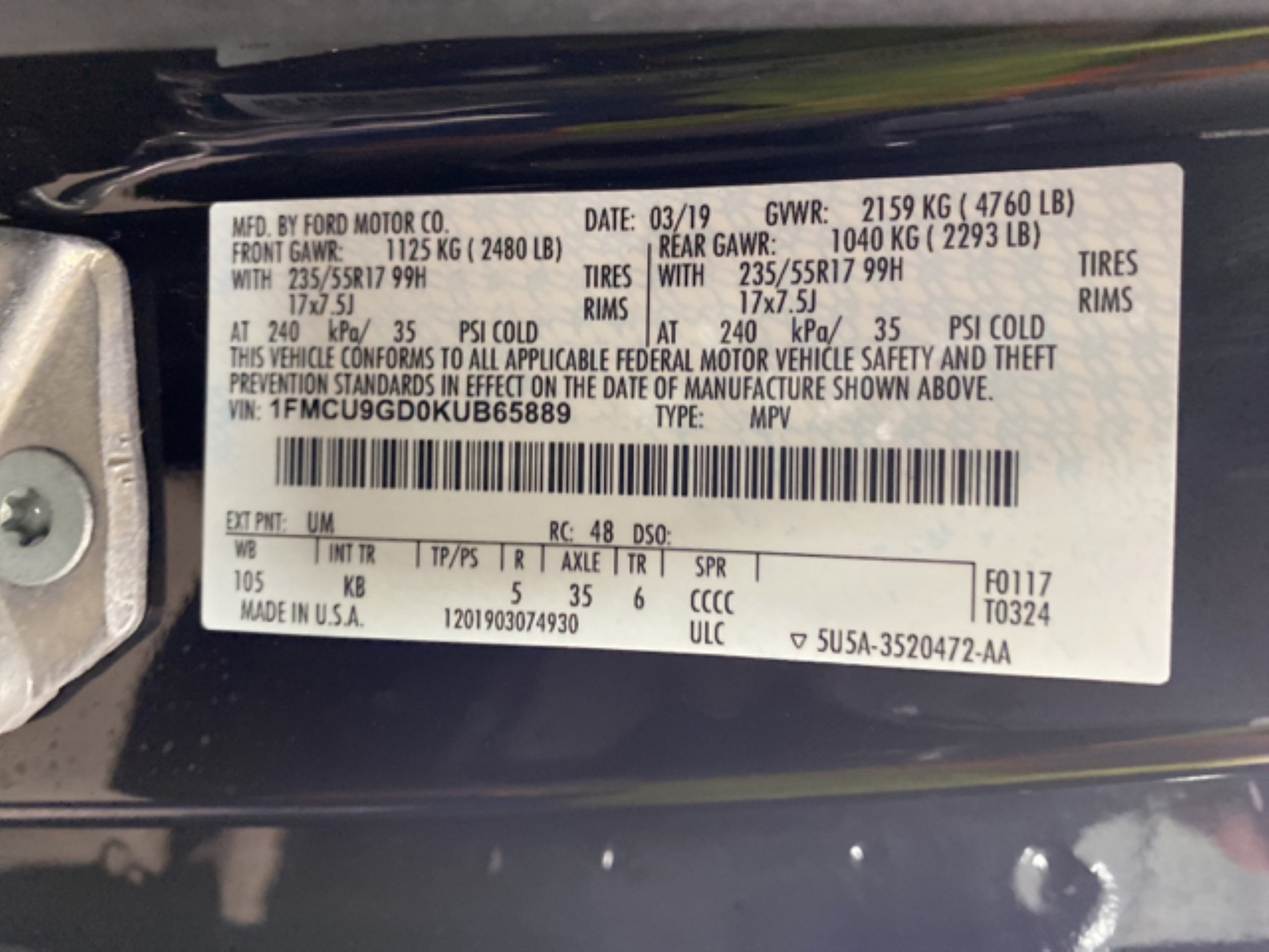 Photo 12 VIN: 1FMCU9GD0KUB65889 - FORD ESCAPE 