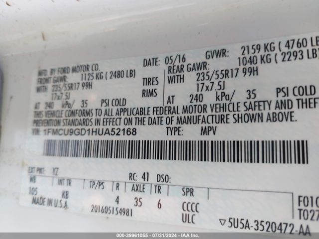 Photo 8 VIN: 1FMCU9GD1HUA52168 - FORD ESCAPE 