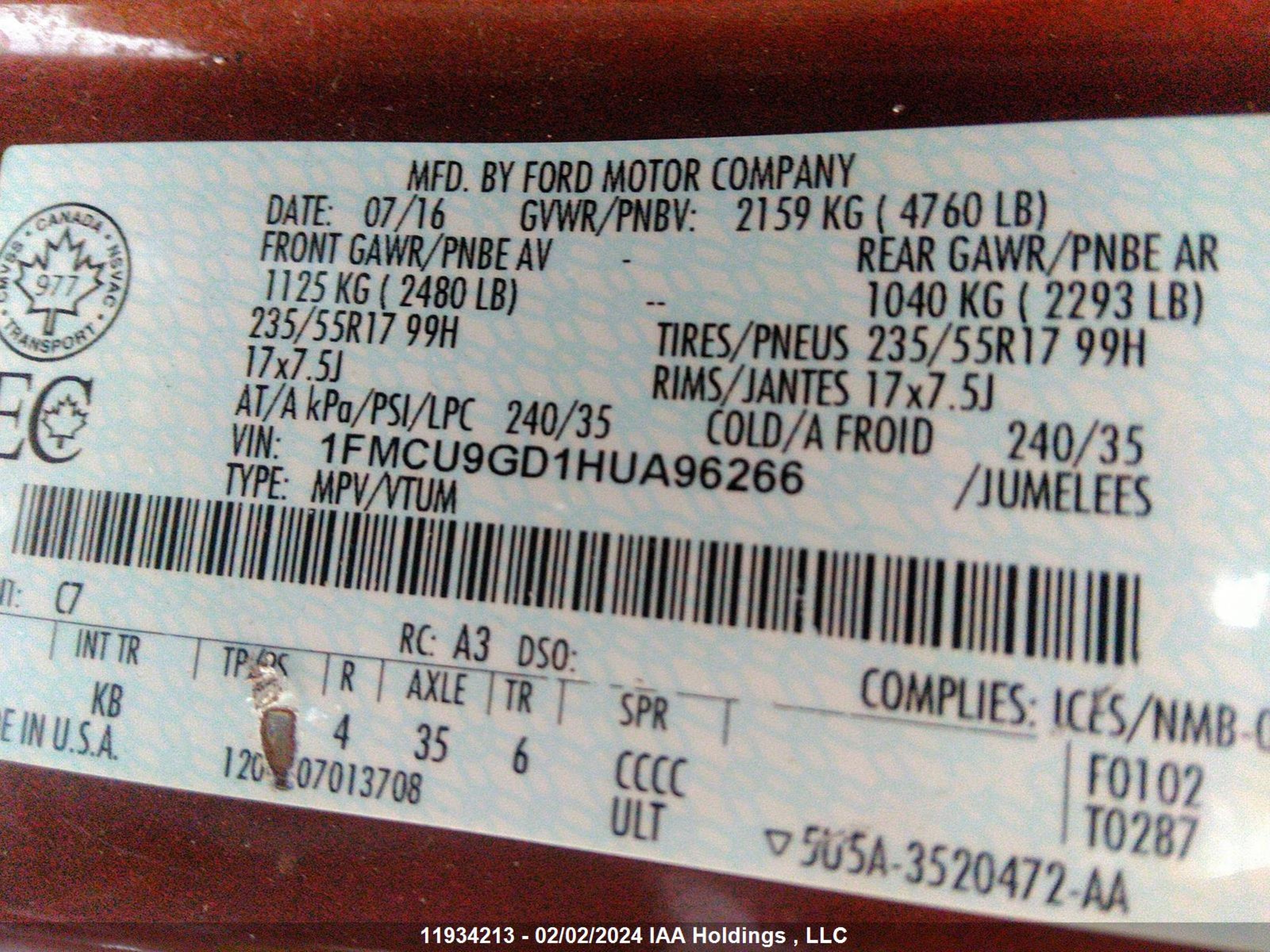 Photo 8 VIN: 1FMCU9GD1HUA96266 - FORD ESCAPE 