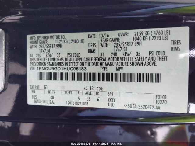 Photo 8 VIN: 1FMCU9GD1HUC06183 - FORD ESCAPE 