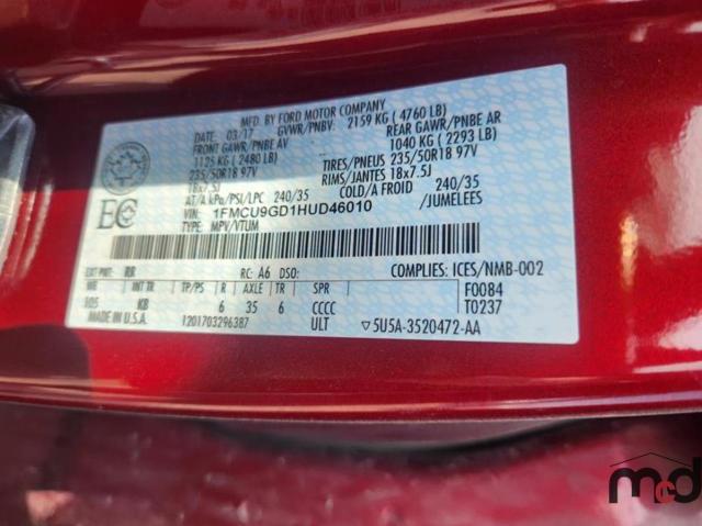 Photo 9 VIN: 1FMCU9GD1HUD46010 - FORD ESCAPE SE 