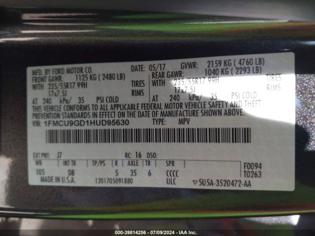 Photo 8 VIN: 1FMCU9GD1HUD95630 - FORD ESCAPE 