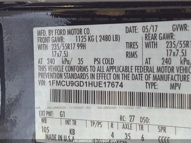 Photo 8 VIN: 1FMCU9GD1HUE17674 - FORD ESCAPE 