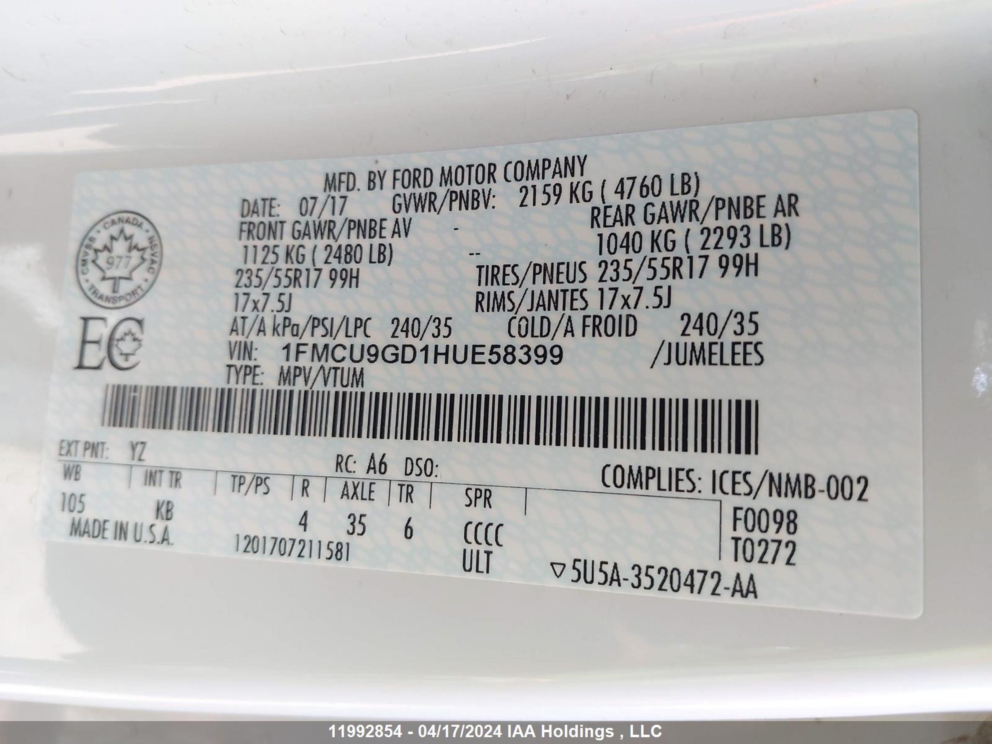 Photo 8 VIN: 1FMCU9GD1HUE58399 - FORD ESCAPE 