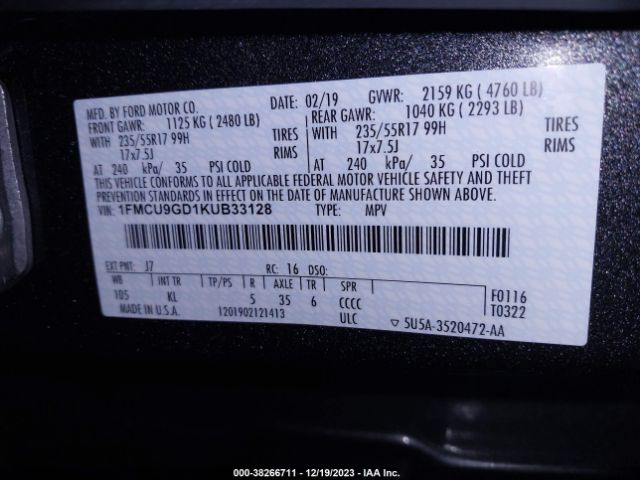 Photo 8 VIN: 1FMCU9GD1KUB33128 - FORD ESCAPE 