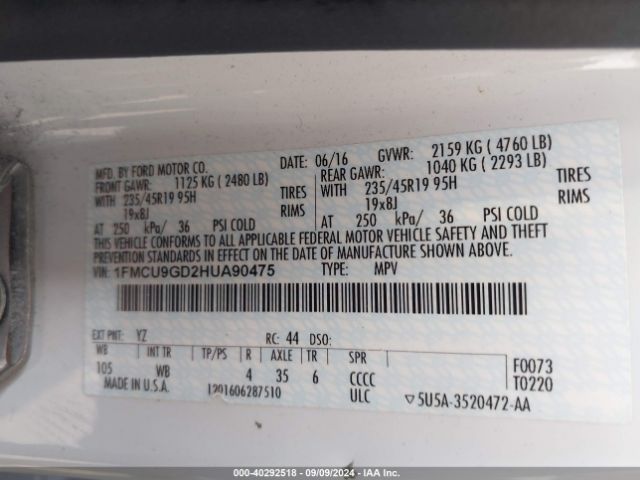 Photo 8 VIN: 1FMCU9GD2HUA90475 - FORD ESCAPE 