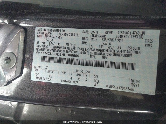 Photo 8 VIN: 1FMCU9GD2HUB60699 - FORD ESCAPE 