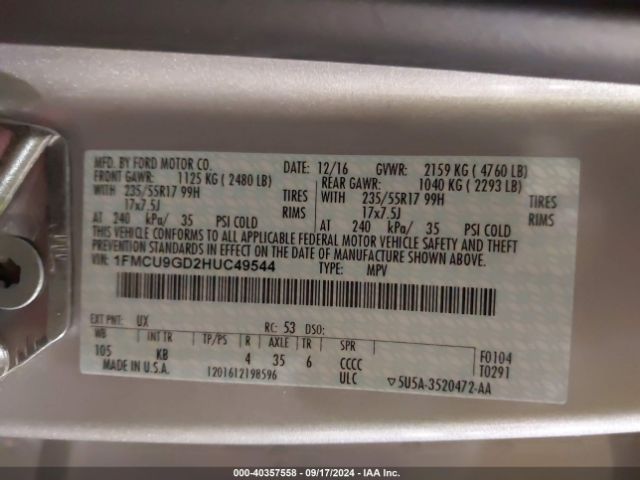 Photo 8 VIN: 1FMCU9GD2HUC49544 - FORD ESCAPE 