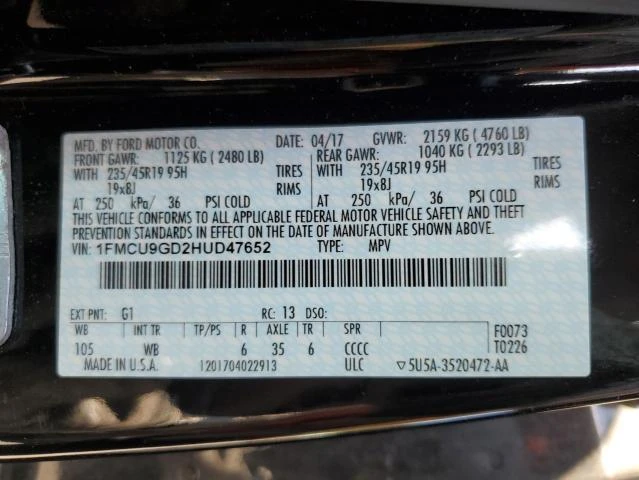 Photo 12 VIN: 1FMCU9GD2HUD47652 - FORD ESCAPE SE 