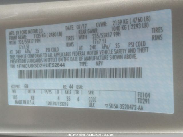 Photo 8 VIN: 1FMCU9GD2HUE52644 - FORD ESCAPE 