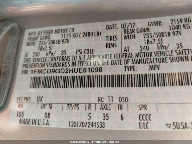 Photo 8 VIN: 1FMCU9GD2HUE61098 - FORD ESCAPE 