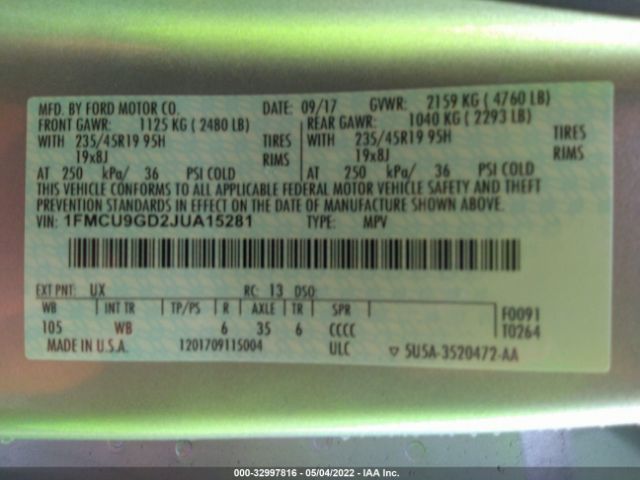 Photo 8 VIN: 1FMCU9GD2JUA15281 - FORD ESCAPE 