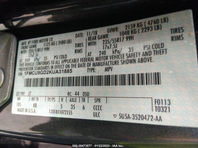 Photo 8 VIN: 1FMCU9GD2KUA31885 - FORD ESCAPE 