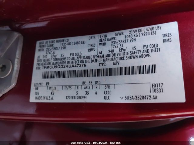 Photo 8 VIN: 1FMCU9GD2KUA47276 - FORD ESCAPE 