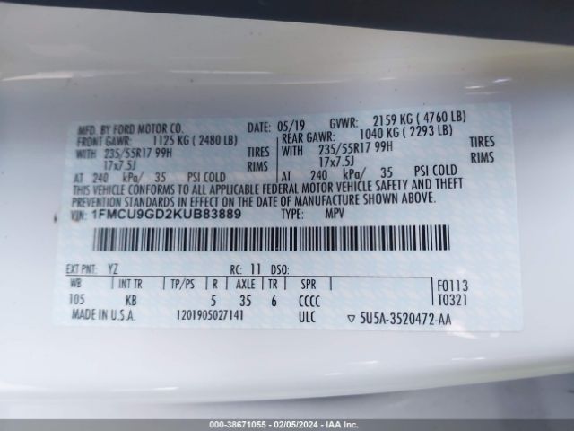 Photo 8 VIN: 1FMCU9GD2KUB83889 - FORD ESCAPE 