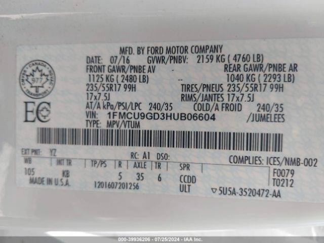 Photo 8 VIN: 1FMCU9GD3HUB06604 - FORD ESCAPE 