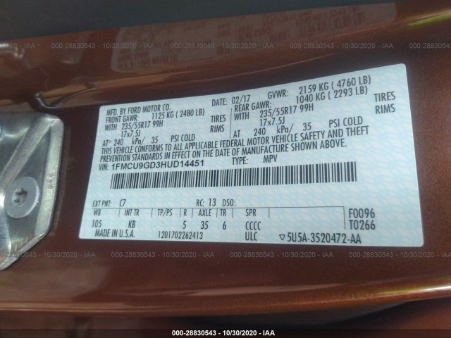 Photo 8 VIN: 1FMCU9GD3HUD14451 - FORD ESCAPE 