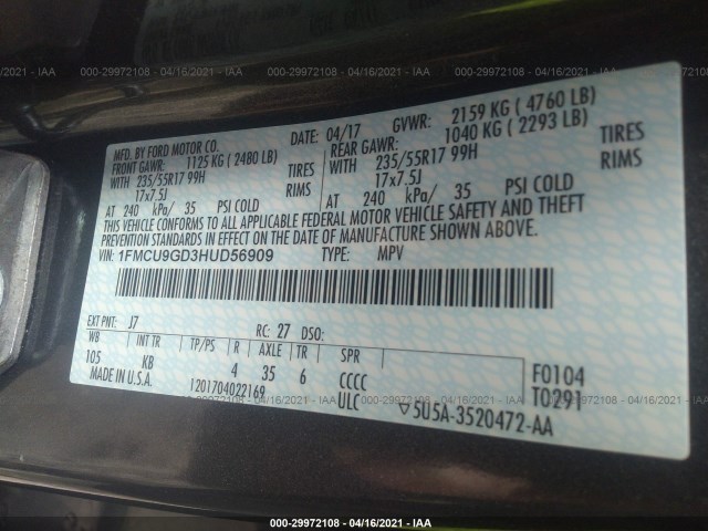 Photo 8 VIN: 1FMCU9GD3HUD56909 - FORD ESCAPE 