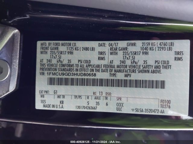 Photo 8 VIN: 1FMCU9GD3HUD80658 - FORD ESCAPE 