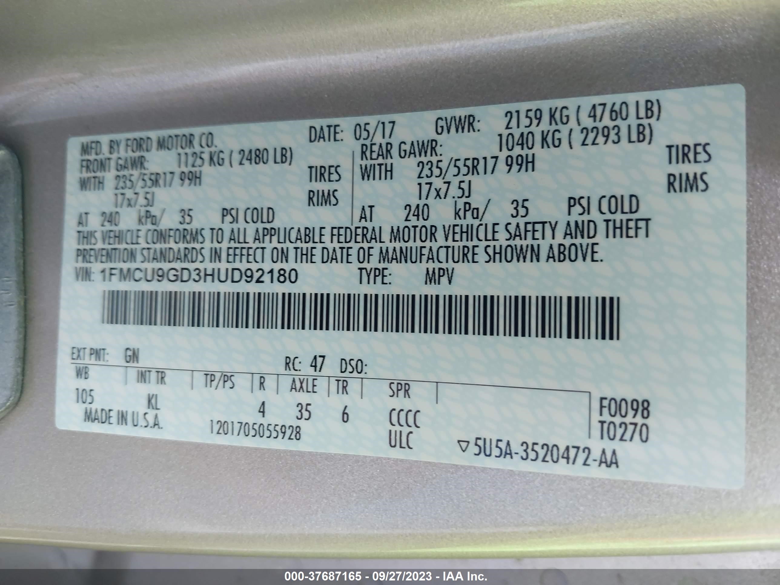 Photo 8 VIN: 1FMCU9GD3HUD92180 - FORD ESCAPE 