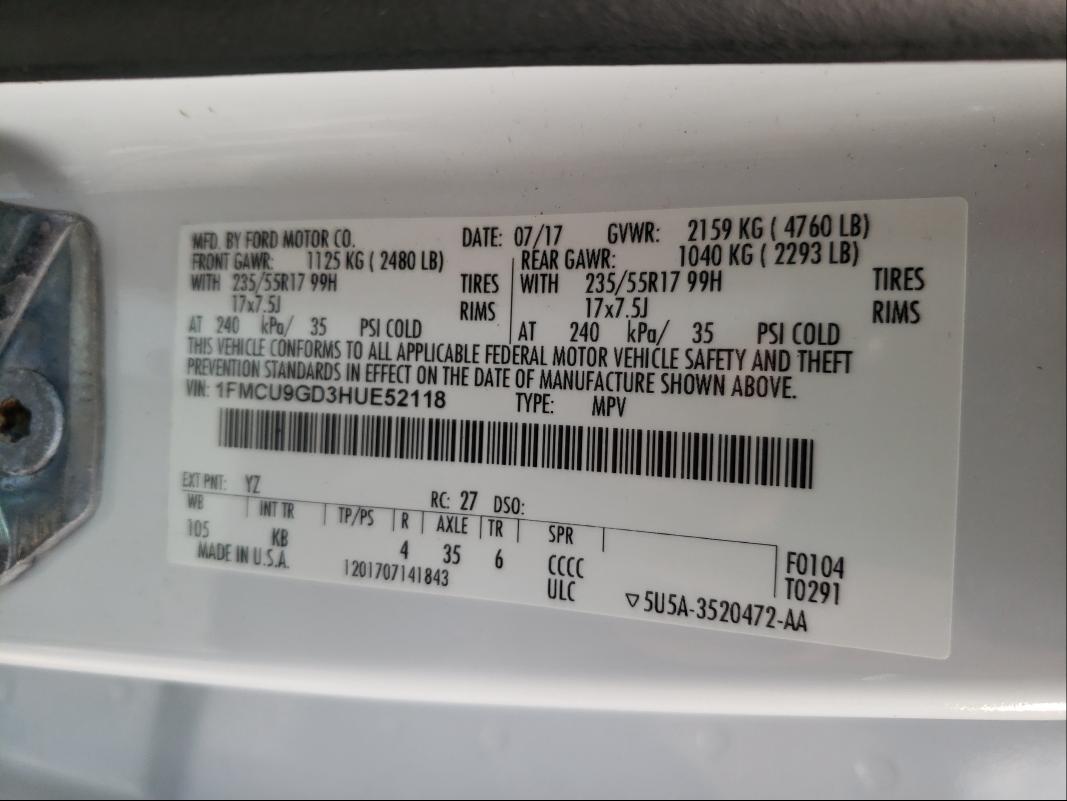 Photo 9 VIN: 1FMCU9GD3HUE52118 - FORD ESCAPE SE 