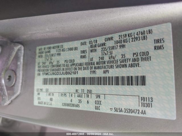 Photo 8 VIN: 1FMCU9GD3JUB92101 - FORD ESCAPE 