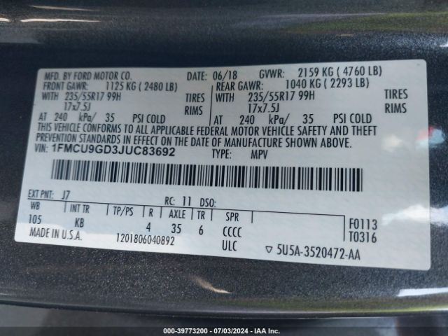 Photo 8 VIN: 1FMCU9GD3JUC83692 - FORD ESCAPE 