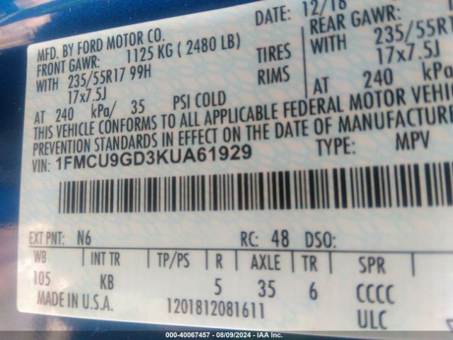 Photo 8 VIN: 1FMCU9GD3KUA61929 - FORD ESCAPE 