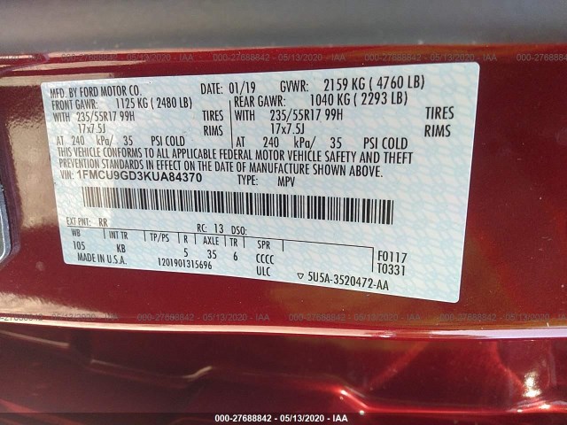 Photo 8 VIN: 1FMCU9GD3KUA84370 - FORD ESCAPE 