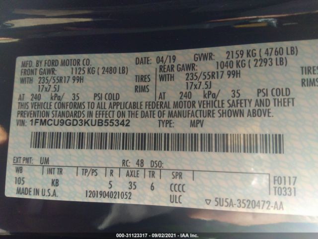 Photo 8 VIN: 1FMCU9GD3KUB55342 - FORD ESCAPE 