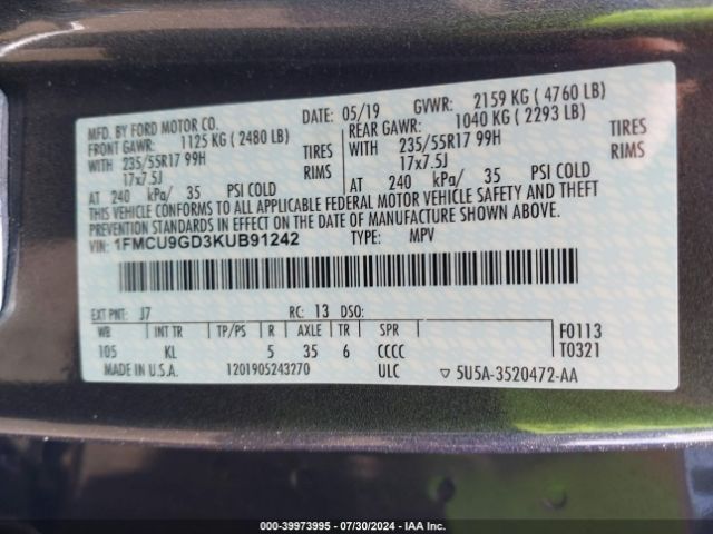 Photo 8 VIN: 1FMCU9GD3KUB91242 - FORD ESCAPE 