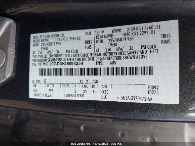 Photo 8 VIN: 1FMCU9GD3KUB94254 - FORD ESCAPE 