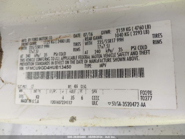 Photo 8 VIN: 1FMCU9GD4HUB13450 - FORD ESCAPE 