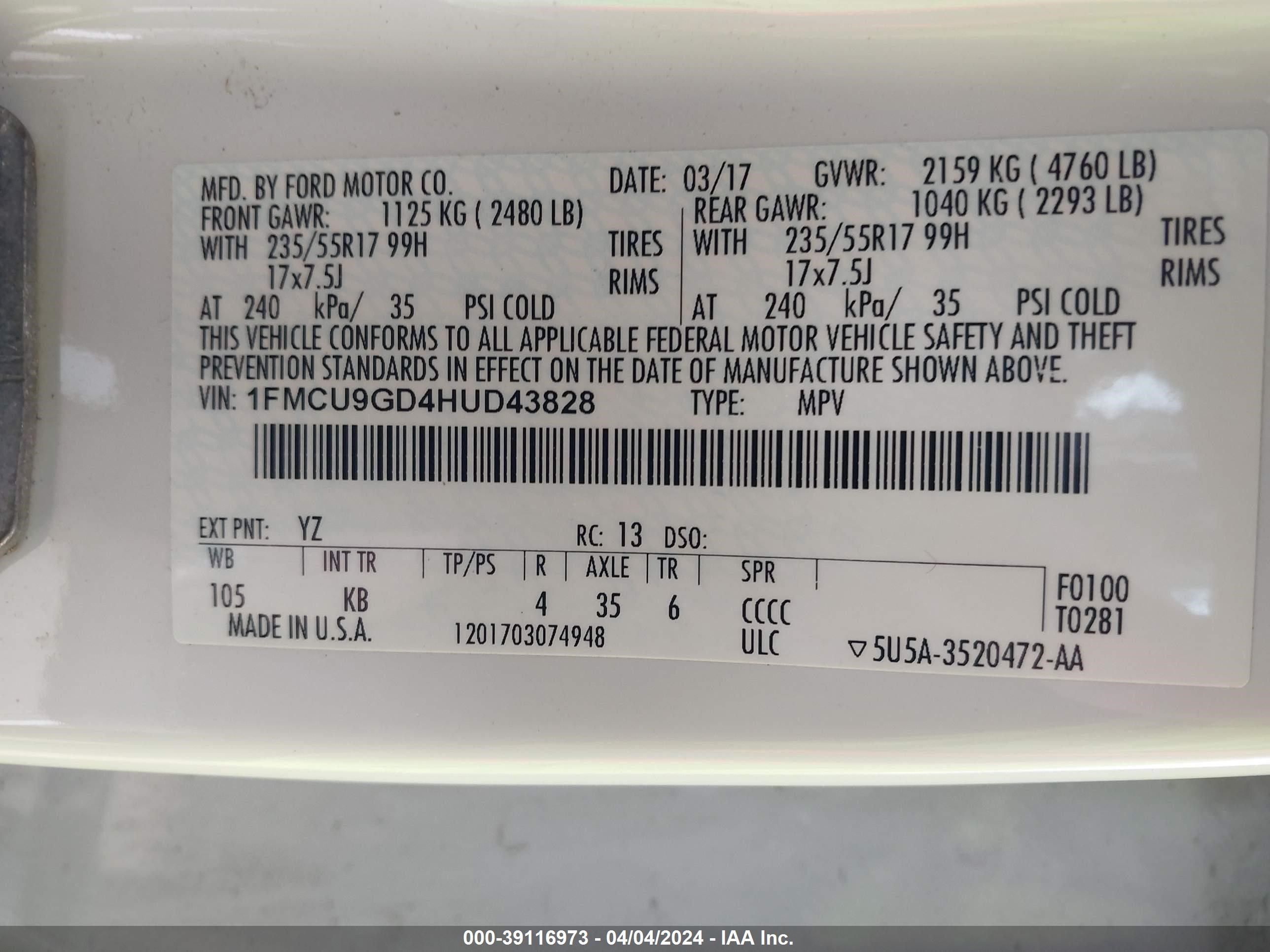 Photo 6 VIN: 1FMCU9GD4HUD43828 - FORD ESCAPE 