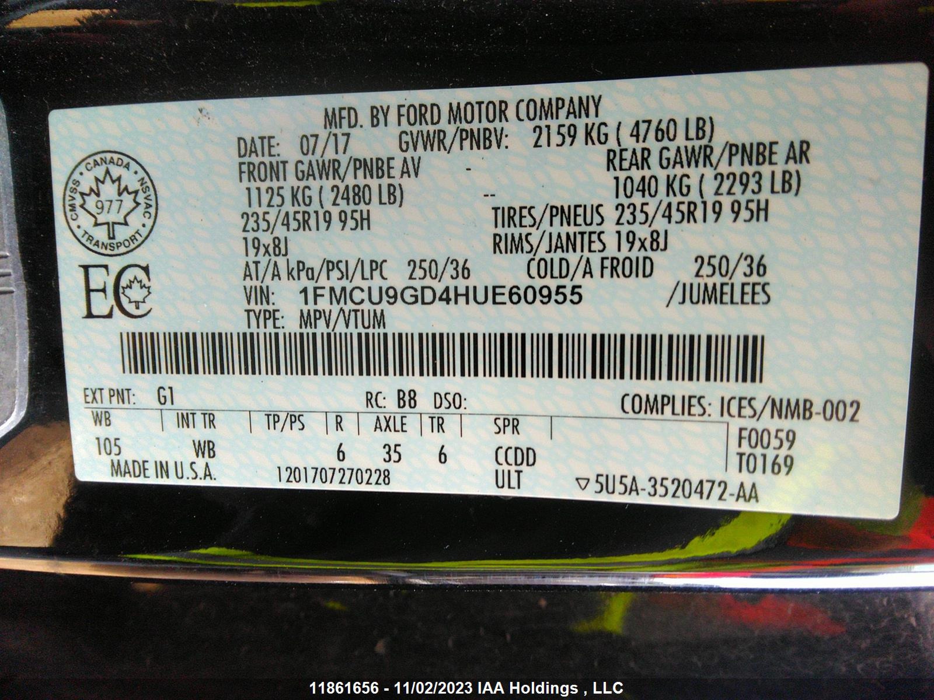 Photo 8 VIN: 1FMCU9GD4HUE60955 - FORD ESCAPE 