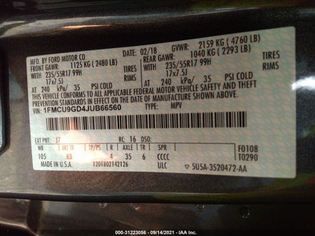 Photo 8 VIN: 1FMCU9GD4JUB66560 - FORD ESCAPE 