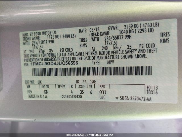 Photo 8 VIN: 1FMCU9GD4JUC56596 - FORD ESCAPE 