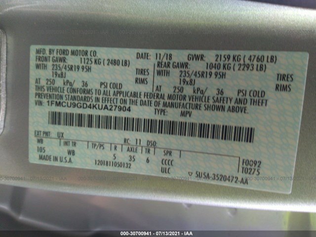 Photo 8 VIN: 1FMCU9GD4KUA27904 - FORD ESCAPE 