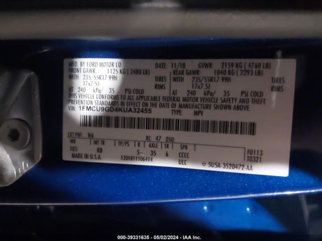 Photo 8 VIN: 1FMCU9GD4KUA32455 - FORD ESCAPE 