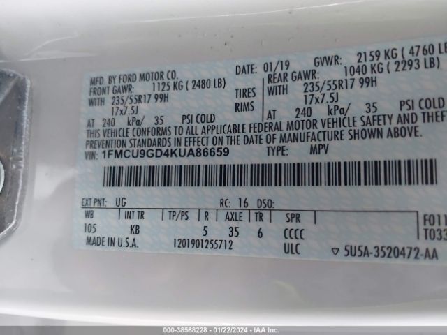 Photo 8 VIN: 1FMCU9GD4KUA86659 - FORD ESCAPE 