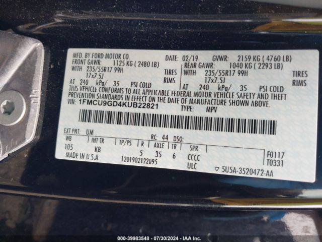 Photo 8 VIN: 1FMCU9GD4KUB22821 - FORD ESCAPE 